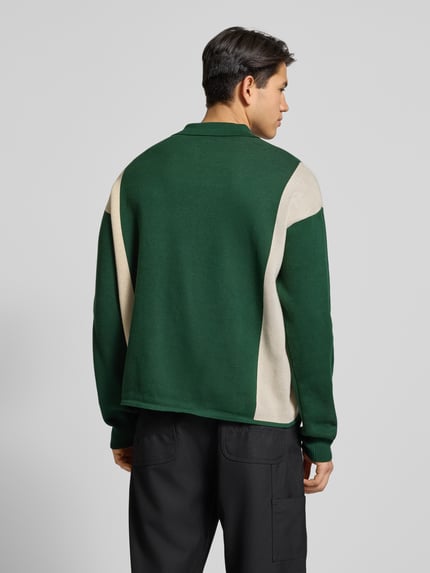 Männermodel trägt Strickpullover mit Polokragen und Label-Patch von PROHIBITED, grün-beige, Reine Baumwolle, Relaxed-Fit, Ganzkörperansicht Rückansicht