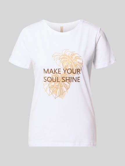 Produktfoto, T-shirt met motiefprint en statement 'MAKE YOUR SOUL SHINE', puur katoen, regular fit, model 'RINA' van Soyaconcept, ronde hals, ruglengte maat S 60 cm, dames