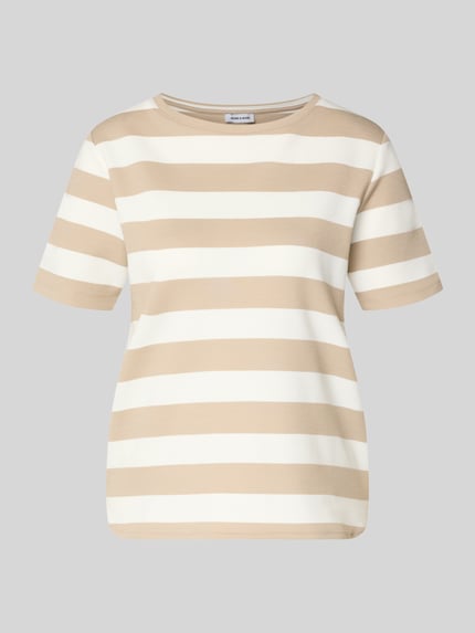Productfoto, T-Shirt met viscose-aandeel en ronde hals van More & More, recht model, mix van beige en witte strepen, lengte achterkant maat 36: 57 cm.