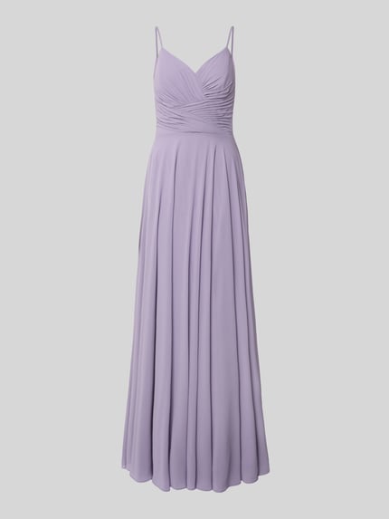 Produktfoto, Abendkleid mit Drapierungen und V-Ausschnitt von Mascara in Flieder, maxilanger Schnitt, tailliert, feine Faltenstruktur.