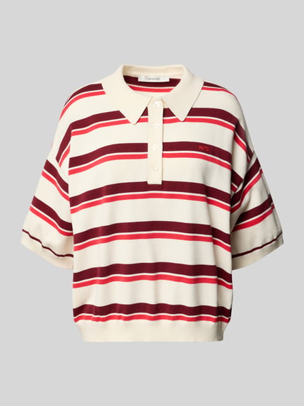 Produktfoto, Relaxed Fit Poloshirt aus Viskose-Mix Modell 'Taia' van Gestuz, streepjes in crème, rood en bruin, struccturele breilook, polokraag, halflange mouw, elastische boorden, ruglengte maat S 58 cm, mouwlengte maat S 22 cm