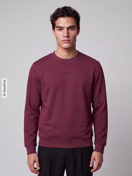 Männermodel trägt Regular Fit Sweatshirt aus reiner Baumwolle von Marc O'Polo DENIM in Dunkelrot, glatte Struktur, Ganzkörperansicht von vorne, KI-modifiziertes Bild.