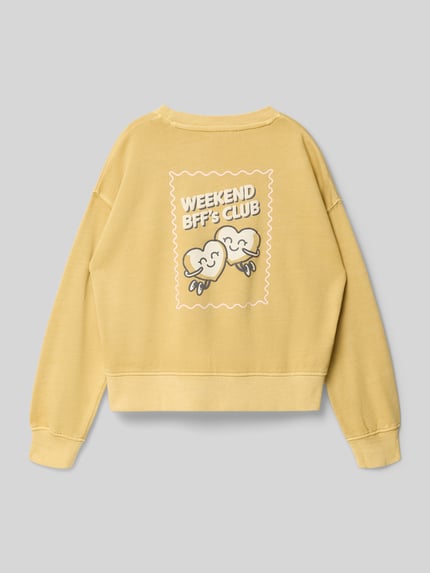 Produktfoto, gelbes Sweatshirt aus Baumwolle Modell 'WEEKEND' von Mango mit Print, locker geschnitten, elastische Abschlüsse, Rückansicht