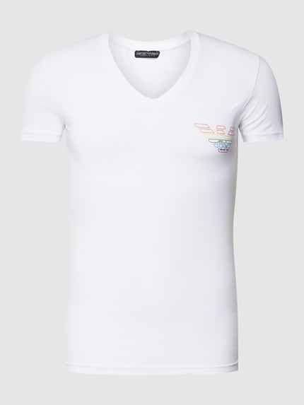 Emporio Armani T-Shirt mit V-Ausschnitt Modell 'RAINBOW LOGO' Weiss 2