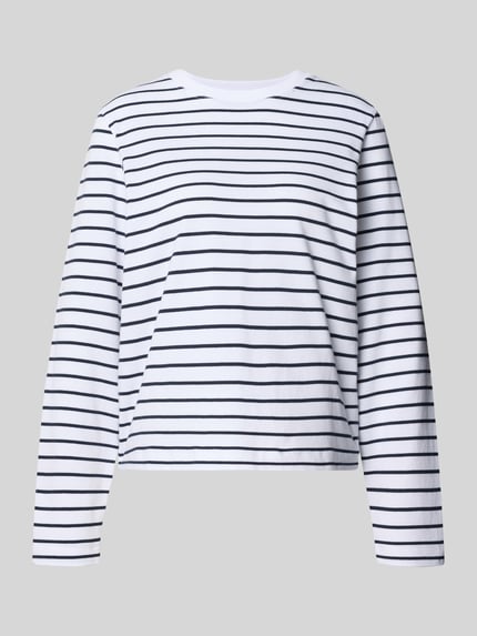 Produktfoto, Longsleeve met ronde hals model 'CAMINO' van Samsøe Samsøe in all-over look, puur katoen, regular fit, dames, ruglengte maat S 58 cm, wit met donkere strepen