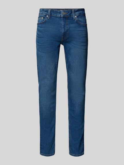 Produktfoto, Slim Fit Jeans aus Baumwoll-Mix Modell 'LOOM' von Only & Sons, krój slim fit, 5-pocket, niebieski denim, jednolity, label stitching