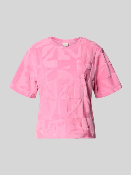 Produktfoto, T-Shirt im Allover-Look Modell 'NABI' von ICHI aus mieszanka bawełny, krój regular fit, okrągły dekolt, długość tyłu w rozmiarze S: 50 cm, różowy z abstrakcyjnym wzorem i miękką teksturą