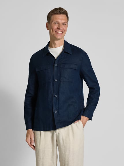 Manuel Ritz Regular fit linnen overhemdjack met klepzakken op de borst Marineblauw - 4