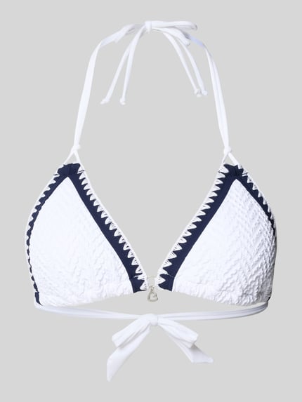 Produktfoto, wit bikini-oberteil met structuurpatroon, elastische materiaalmix, model 'BLUCO' van Banana Moon, halter