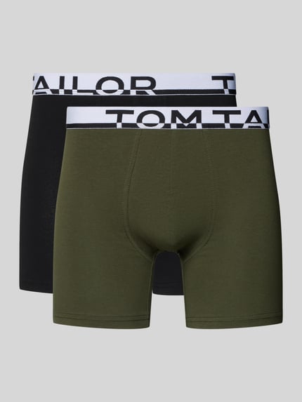 Produktfoto, Slim Fit Trunks mit Label-Schriftzug am Bund von Tom Tailor, efekt: jednolity kolor, krój regular fit, aplikacja: z napisem z logo, ściągacz: elastyczny, zestaw 2 szt., materiał: mieszanka bawełny i elastanu, szerokość w rozmiarze M: 34,5 cm
