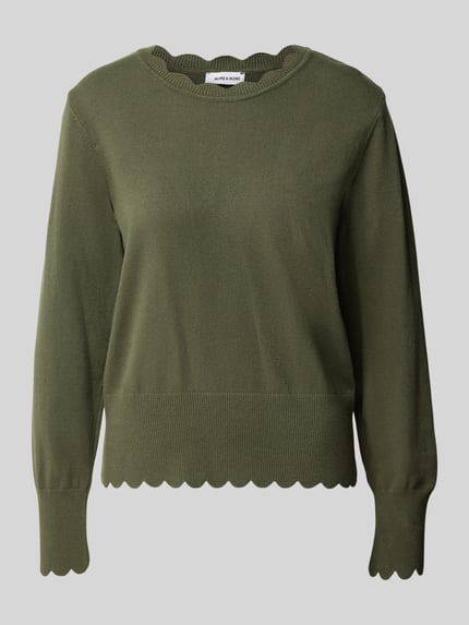Produktfoto, zielony sweter z dzianiny z mieszanki wiskozy, krój relaxed fit, Faliste wykończenie, Model 'OKTOBER' od MORE & MORE, długość tyłu 54 cm, długość rękawów 59 cm