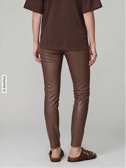 Frauenmodel trägt Slim Fit Kunstlederhose aus Viskose-Mix Modell 'RESA' von Raffaello Rossi in Braun, Damen Leder- / Kunstlederhose, Ganzkörperansicht Rückansicht, KI-modifiziertes Bild.