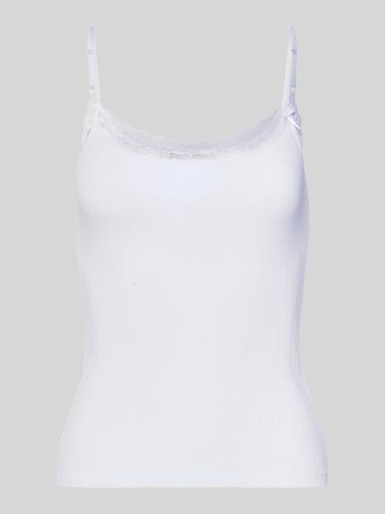 Productfoto, Slim Fit Top met kanten rand van REVIEW, witte katoen, spaghettibandjes, sierstrikjes, ruglengte 38 cm in maat S