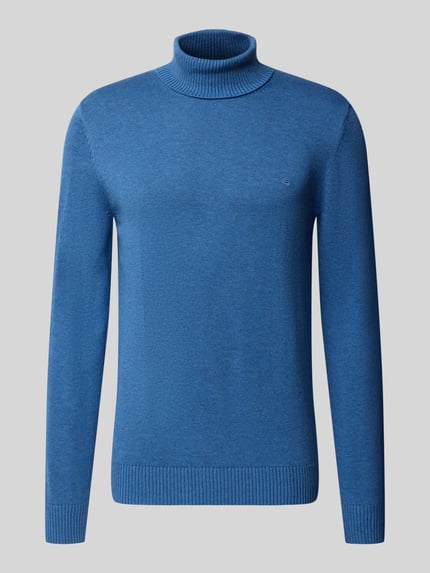 Produktfoto, Regular Fit Strickpullover aus Baumwoll-Woll-Mix mit Rollkragen von Christian Berg Men, unifarbenes Design, blaue Farbe, glatte Textur, Rückenlänge bei Größe M 71 cm, Ärmellänge 67 cm.