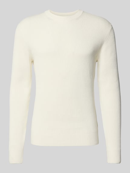 Produktfoto, Regular Fit Strickpullover aus Baumwoll-Mix von MCNEAL in Creme, Rundhalsausschnitt, elastische Abschlüsse, strukturierte Oberfläche, Rückenlänge 65 cm, Ärmellänge 56 cm