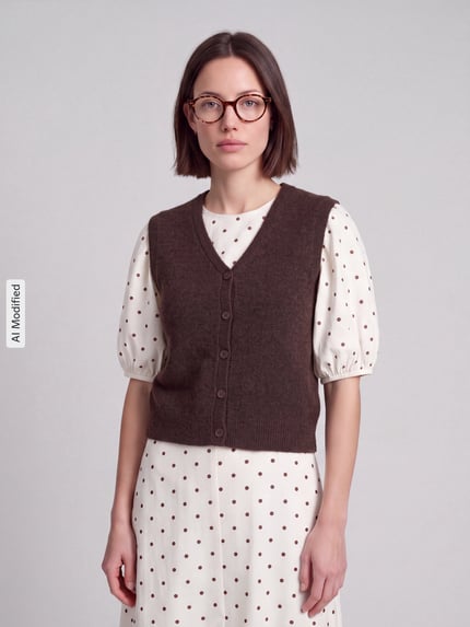 Frauenmodel trägt Regular Fit Weste mit V-Ausschnitt Modell 'SALLY' von Pieces in Braun, Strick, unifarben, Nahaufnahme Oberkörper, KI-modifiziertes Bild.