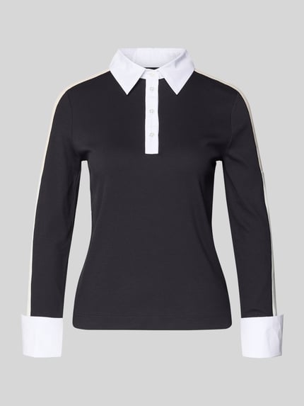 Produktfoto, Koszulka polo z krótką listwą guzikową od Marc Cain, mieszanka materiałów z dodatkiem streczu, krój regular fit, kołnierzyk polo, długość tyłu 58 cm w rozmiarze 36, kolor czarny z białymi akcentami, gładka faktura.