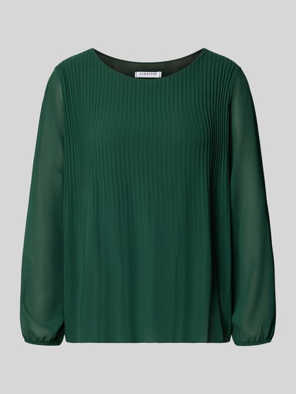 Produktfoto, Langarmbluse aus Viskose-Mix Modell 'Eva' von ZABAIONE in dunklem Grün, Biesen, elastische Ärmel, semitransparentes Design