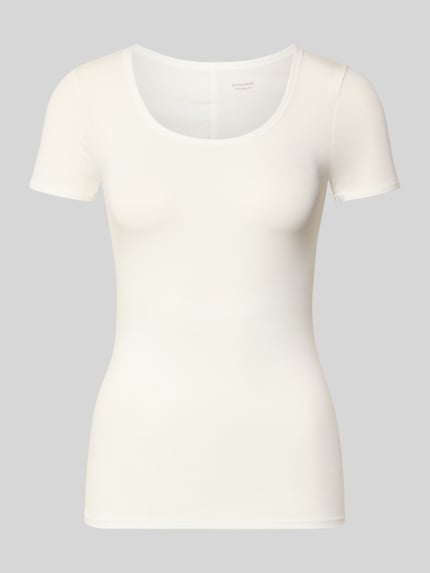 Produktfoto, Slim Fit T-shirt aus Viscosemix Model 'Personal' von Schiesser, dames T-shirt met ronde hals, semi-transparante look, elastische materiaalmix, effen wit, glad oppervlak.