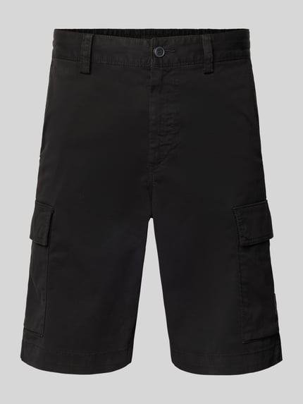 Productfoto, Relaxed Fit Cargoshorts uit katoenmix model 'SISLA' van BOSS Orange, effen zwart met label patch, knoopsluiting, zij- en cargozakken.