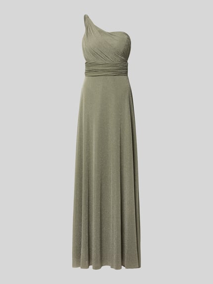 Productfoto, Schimmerndes Maxikleid im One-Shoulder-Look van TROYDEN COLLECTION, getailleerd, glanzend, drapering, tailleband, lichtgroene kleur, zachte textuur