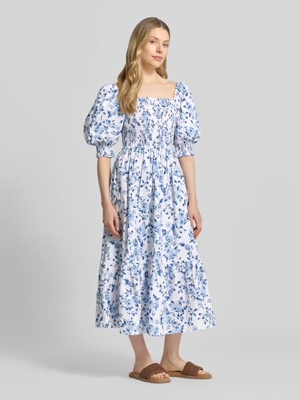 Apricot midi-jurk met vierkante hals en pofmouwen Blauw - 1