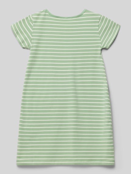 Produktfoto, Relaxed Fit Kleid mit Zierbesatz von Happy Girls, hellgrün-weiß gestreift, elastischer Baumwoll-Mix, kurzärmeliges Design.