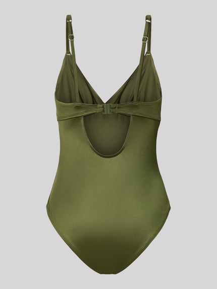Produktfoto, Damen Badeanzug mit Zierelement und wattierten Cups Modell 'GUARANA' von DORINA in Olivgrün, Stretch-Anteil, Material-Mix, V-Ausschnitt, rückseitiger Hakenverschluss, verstellbare Spaghettiträger, Cut-Out am Rücken