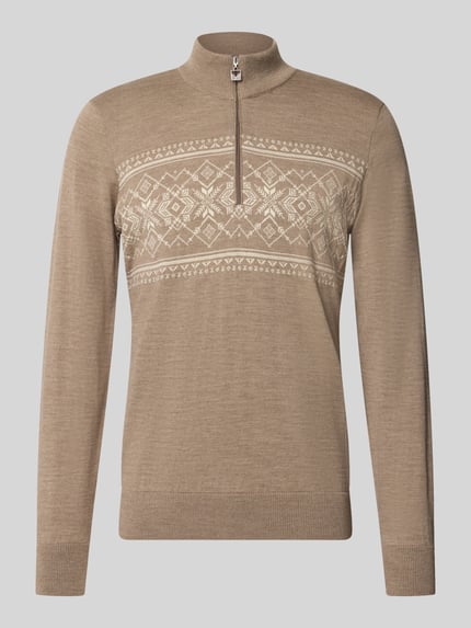 Produktfoto, Wollpullover mit Label-Patch Modell 'Liaset' von Dale of Norway in Beige mit hellem Norwegermuster, reine Wolle, gerader Schnitt, Troyer-Kragen