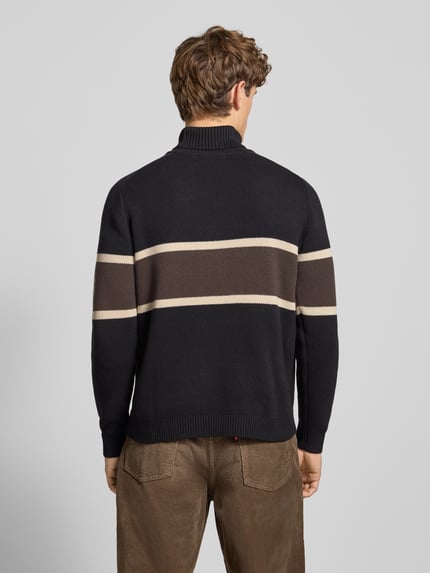 Männermodel trägt Strickpullover mit Rollkragen van Pegador, katoenmix, regular fit, geribde boorden, rugprint, donker met beige strepen, Ganzkörperansicht Rückansicht.