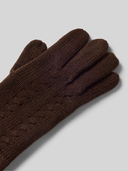 Produktfoto, Handschuhe aus reiner Wolle mit Label-Detail von EEM, braun, Zopfmuster, gerippter Abschluss, weiche Textur, Damen