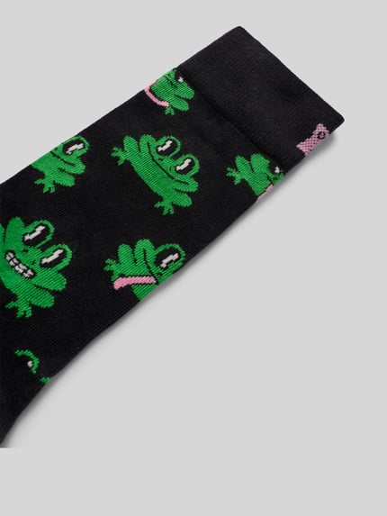 Produktfoto, Socken mit Allover-Motiv-Print Modell 'Frog' von Happy Socks, schwarz mit grünen Fröschen, elastischer Baumwoll-Mix, Regular Fit