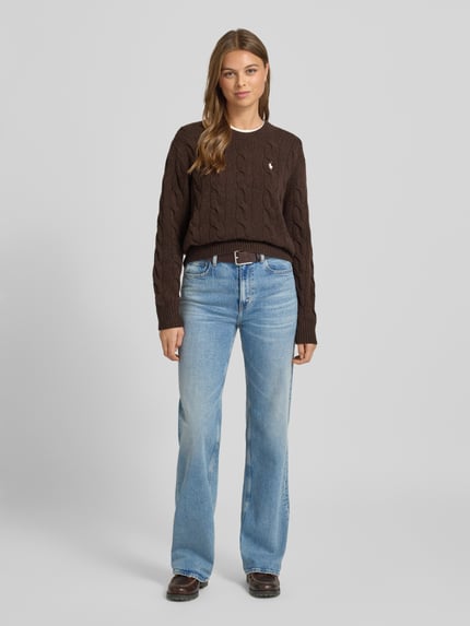 Vrouwenmodel draagt Wide Leg Jeans im Used-Look van Polo Ralph Lauren, lichtblauw, katoenen-elastaan mix, volledige voorkant zicht.