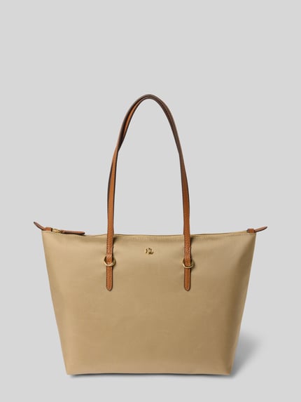 Produktfoto, Tote Bag mit Labelapplicatie Model 'KEATON' van Lauren Ralph Lauren in beige met bruine draagband, hoofdvak met ritssluiting, breedte 37 cm, lengte 28 cm, diepte 13 cm, schouderbandlengte 54 cm.