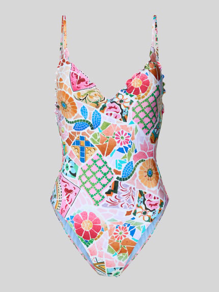 Produktfoto, Slim Fit Badeanzug mit Rüschenbesatz Modell 'BOHÈME' von Seafolly, elastyczny materiał, florystyczny nadruk, krój slim fit, ramiączka, wycięcie na plecach