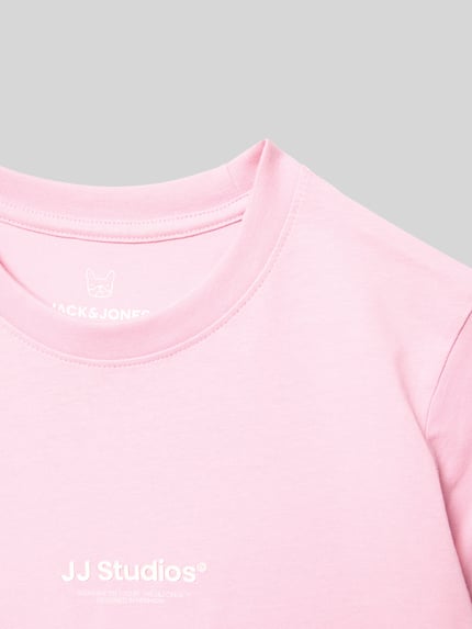 Productfoto, lichtroze T-shirt uit puur katoen met ronde hals en witte statementprint, T-shirt uit puur katoen Model 'SOHO' van JACK & JONES, rechte pasvorm voor kinderen, ruglengte maat 140: 49 cm