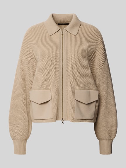 Produktfoto, Strickjacke aus Schurwolle mit Pattentaschen von windsor, beige, Relaxed Fit, Reißverschluss, Umlegekragen, strukturierte Oberfläche
