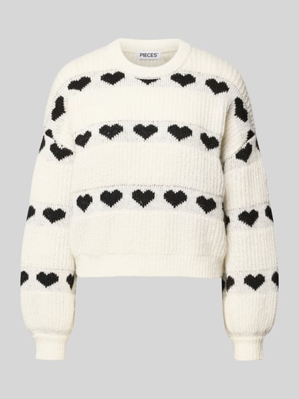 PIECES Relaxed Fit Strickpullover mit Herzprint Modell 'NOVE' Ecru 2