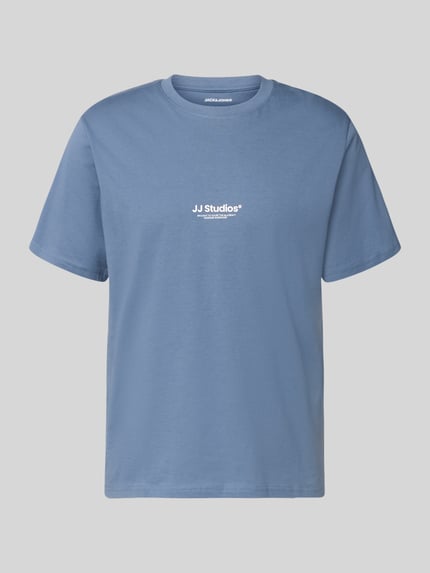 Productfoto, T-Shirt met logo en ronde hals van Jack & Jones in blauw, regular fit van biologische katoen, ruglengte maat M 68 cm.
