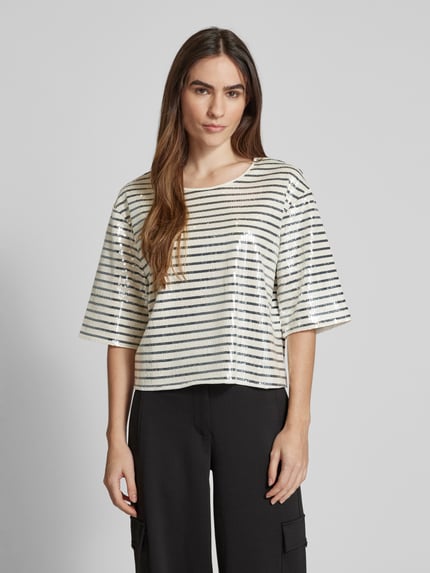 Marella T-shirt z cekinowym obszyciem model ‘GARDONE’ Złamany biały 4