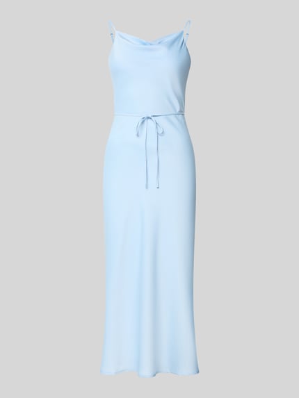 Produktfoto, lichtblauwe dames midi-jurk van elastische materiaalmix, satijnlook met spaghettibandjes en afneembare tailleband, Slim Fit, model 'Thea' van YAS