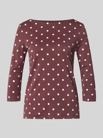 Produktfoto, Shirt aus reiner Baumwolle mit 3/4-Arm von Christian Berg Woman, taillierte Passform, rot mit weißen Punkten, U-Boot-Ausschnitt, Rückenlänge 60 cm bei Größe 36