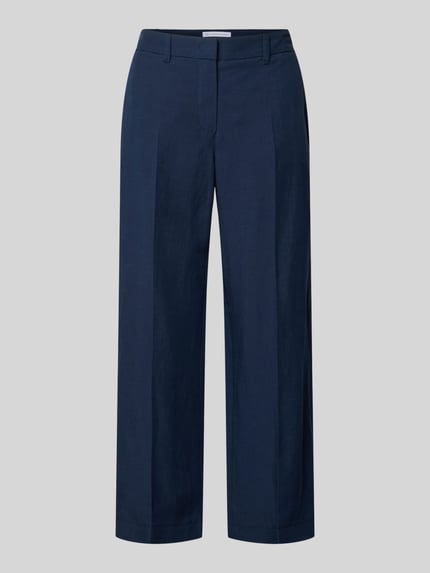 Produktfoto, donkerblauwe stoffen broek Raffaello Rossi Stoffhose mit Bügelfalten Modell 'OLESSA', viscosemix met linnen, 7/8 fit, persplooien, steekzakken, haakjes- en ritssluiting, bandwijdte maat 36: 40 cm, binnenbeenlengte maat 36: 65 cm.