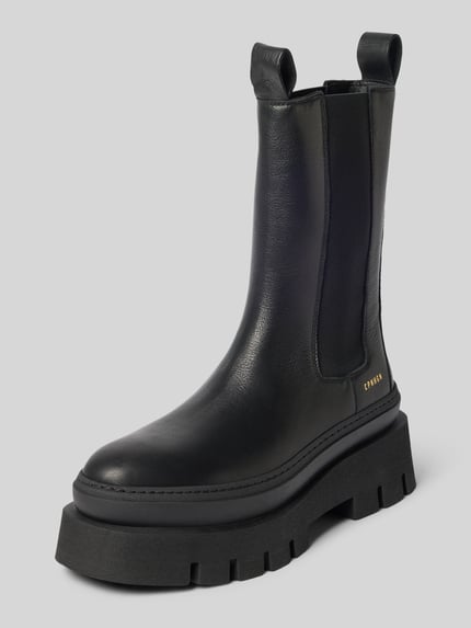 Produktfoto, Stiefel aus echtem Leder mit Logo-Detail von Copenhagen, schwarz, abgerundete Passform, profilierte Sohle, 5 cm Absatz, 24 cm Schafthöhe, 12 cm Schaftweite