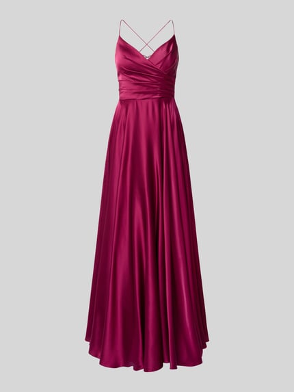 Produktfoto, Maxikleid mit rückseitiger Schnürung von Hey Kyla in dunklem Pink, glänzende Satin-Textur, A-Linie, V-Ausschnitt, Material-Mix mit Stretch-Anteil, Rückenlänge 126 cm, Brustweite 38 cm bei Größe 36
