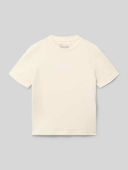 Produktfoto, Regular Fit T-Shirt mit Logo-Stitching von KARL KANI, kremowy odcień, czysta bawełna, krój regular fit, okrągły dekolt, długość pleców w rozmiarze 134: 56 cm