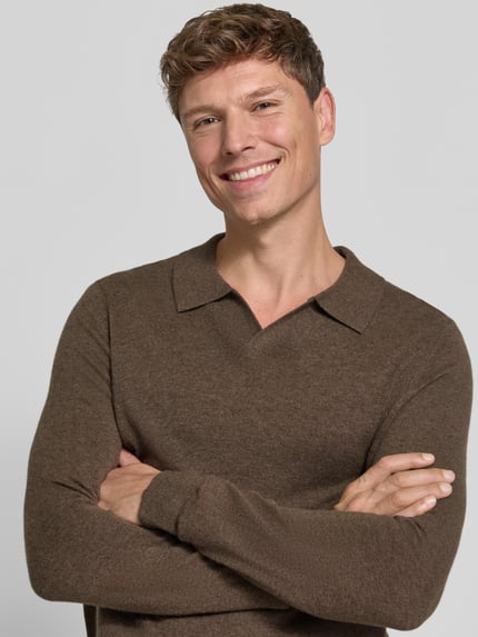 Christian Berg Men Gebreide pullover met polokraag en v-hals Donkerbruin gemêleerd - 3