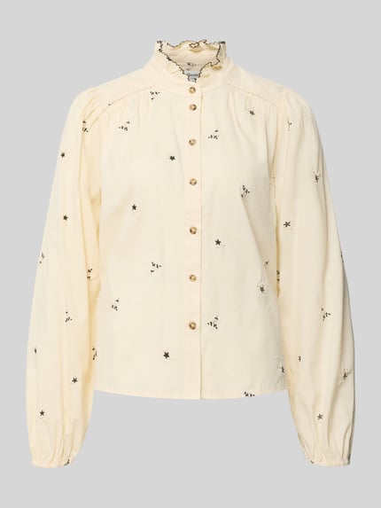 Produktfoto, blouse uit puur katoen Model 'Alessandra' van LOLLYS LAUNDRY, recht model, opstaande kraag, elastische mouwboorden, beige met zwarte bloemen, ruglengte maat S 59 cm, mouwlengte maat S 65 cm