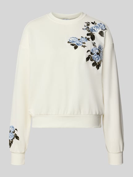 Produktfoto, cremefarbener Relaxed Fit Pullover aus Baumwoll-Mix Modell 'FLOW' von PIECES mit blauen Blumenprints, Damen Pullover.
