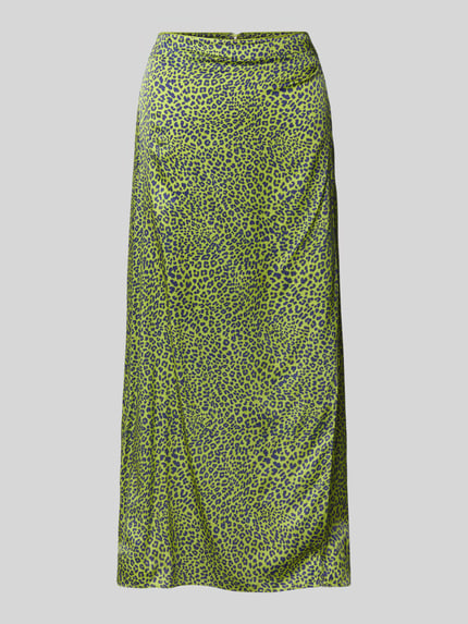 Produktfoto, Midirok uit viscosemix met zijde van Marc Cain, lichtgewicht A-lijn met all-over dierenprint, naadritssluiting, groen-geel